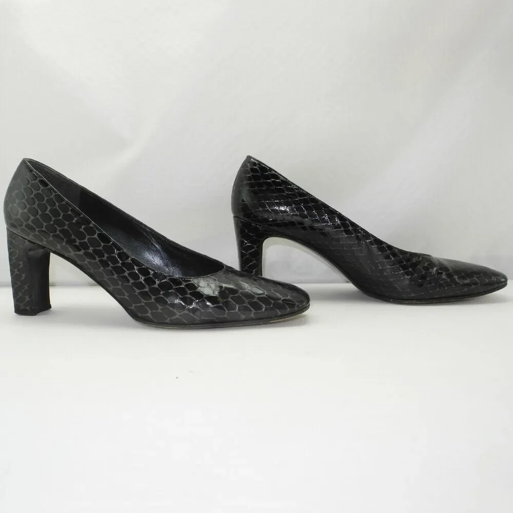 Stuart Weitzman Pumps Women's 8.5 Narrow Black Embossed Reptile Patent Leather